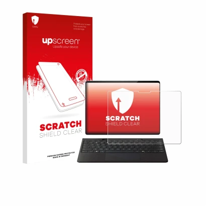 Face avant d’un emballage produit avec le logo de la marque upscreen. À côté, l’appareil Microsoft Surface Pro Copilot+ 13" es