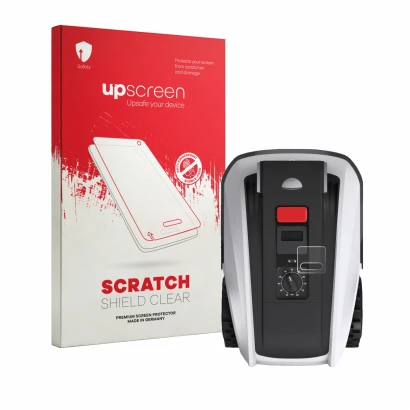 Face avant d’un emballage produit avec le logo de la marque upscreen. À côté, l’appareil Ecovacs Goat O800 RTK est représenté