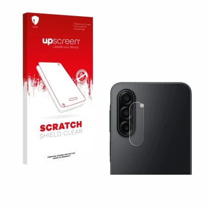Face avant d’un emballage produit avec le logo de la marque upscreen. À côté, l’appareil Samsung Galaxy A17 5G (Caméra UNIQUEM
