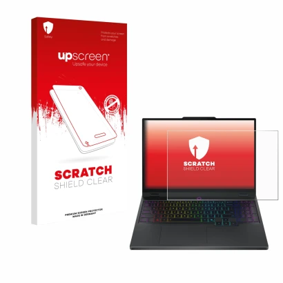 Face avant d’un emballage produit avec le logo de la marque upscreen. À côté, l’appareil Lenovo Legion 5i Gen 10 15" est repré