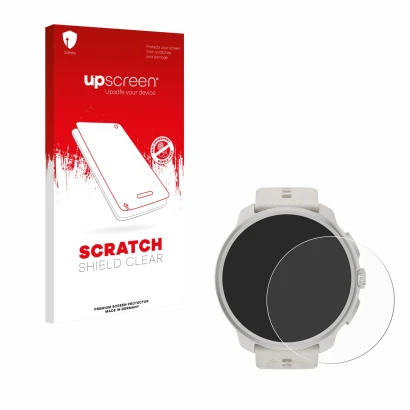 Face avant d’un emballage produit avec le logo de la marque upscreen. À côté, l’appareil Suunto Race 2 est représenté avec la