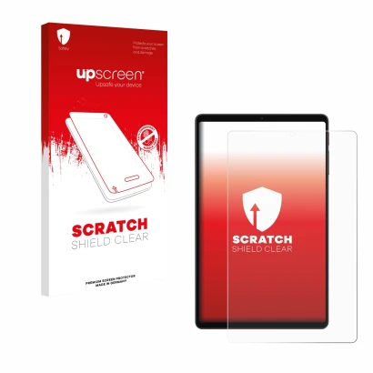 Face avant d’un emballage produit avec le logo de la marque upscreen. À côté, l’appareil Alldocube iPlay 70 mini Ultra est rep