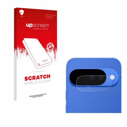 Face avant d’un emballage produit avec le logo de la marque upscreen. À côté, l’appareil Google Pixel 10 (Caméra UNIQUEMENT) e