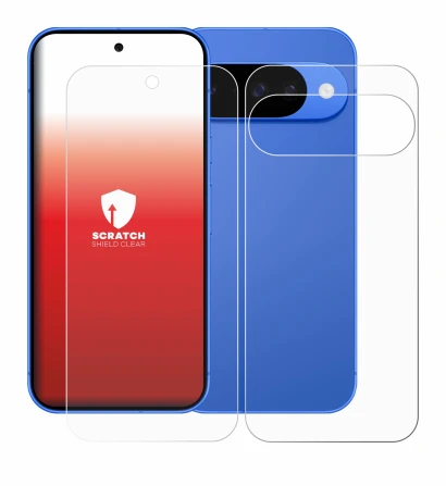 Image de l'appareil Google Pixel 10 (Avant+Arrière) avec une grande variété de protections d'écran.