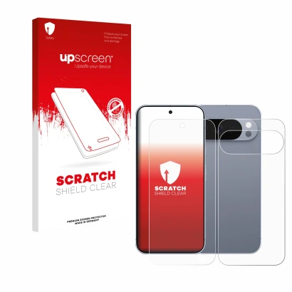 Face avant d’un emballage produit avec le logo de la marque upscreen. À côté, l’appareil Google Pixel 10 Pro (Avant+Arrière) e