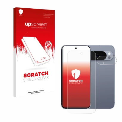 Face avant d’un emballage produit avec le logo de la marque upscreen. À côté, l’appareil Google Pixel 10 Pro (Avant+Caméra) es