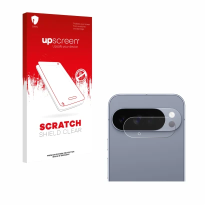 Face avant d’un emballage produit avec le logo de la marque upscreen. À côté, l’appareil Google Pixel 10 Pro XL (Caméra UNIQUE