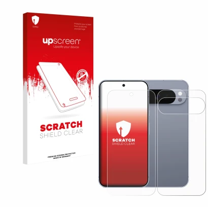 Face avant d’un emballage produit avec le logo de la marque upscreen. À côté, l’appareil Google Pixel 10 Pro XL (Avant+Arrière