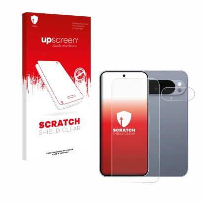 Face avant d’un emballage produit avec le logo de la marque upscreen. À côté, l’appareil Google Pixel 10 Pro XL (Avant+Caméra)