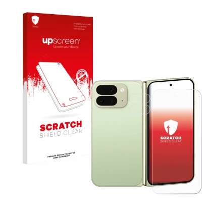 Face avant d’un emballage produit avec le logo de la marque upscreen. À côté, l’appareil Google Pixel 10 Pro Fold (Avant+Camér