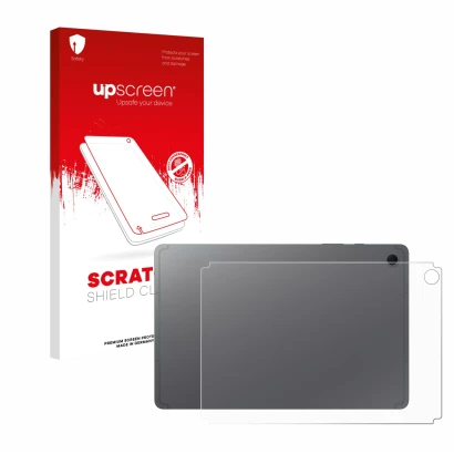 Face avant d’un emballage produit avec le logo de la marque upscreen. À côté, l’appareil Samsung Galaxy Tab S10 Lite (Arrière)