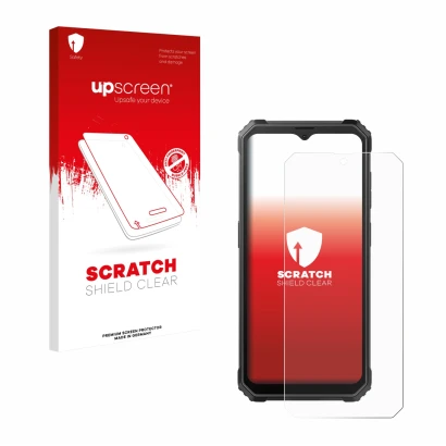 Face avant d’un emballage produit avec le logo de la marque upscreen. À côté, l’appareil Blackview BV4800 est représenté avec 