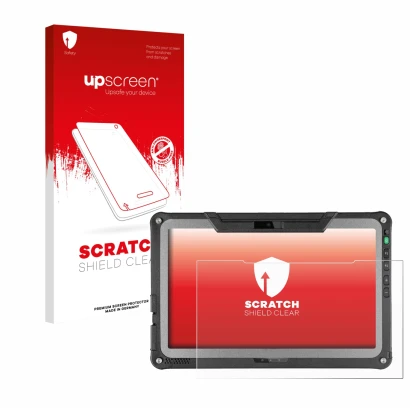 Face avant d’un emballage produit avec le logo de la marque upscreen. À côté, l’appareil Getac F110 G7 est représenté avec la 