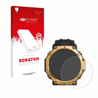 Face avant d’un emballage produit avec le logo de la marque upscreen. À côté, l’appareil Huami Amazfit T-Rex 3 Pro (48 mm) est
