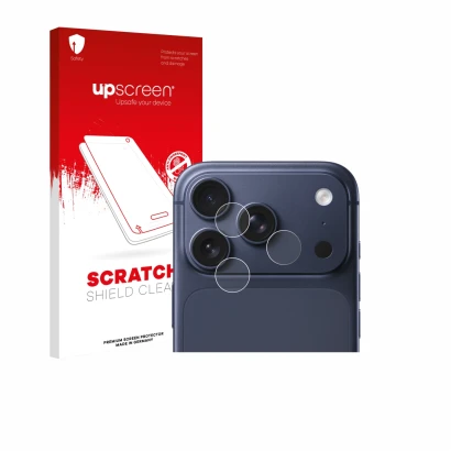 Face avant d’un emballage produit avec le logo de la marque upscreen. À côté, l’appareil Apple iPhone 17 Pro (Caméra UNIQUEMEN