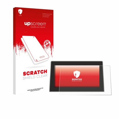 Face avant d’un emballage produit avec le logo de la marque upscreen. À côté, l’appareil Jeep Compass BJ 2021-2024 (Uconnect 1