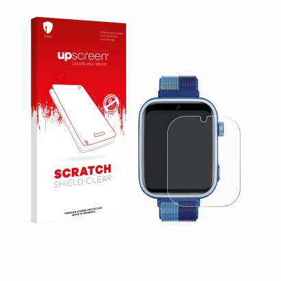 Face avant d’un emballage produit avec le logo de la marque upscreen. À côté, l’appareil JoJoego 4G Smartwatch kids est représ