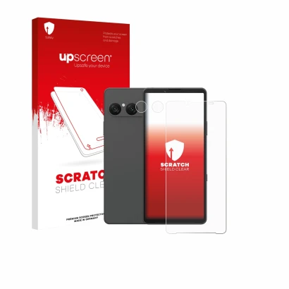 Face avant d’un emballage produit avec le logo de la marque upscreen. À côté, l’appareil Sony Xperia 10 VII (Avant+Caméra) est