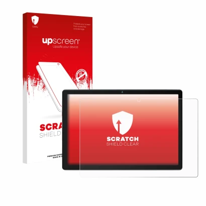 Face avant d’un emballage produit avec le logo de la marque upscreen. À côté, l’appareil Yicty MB1001 10.1" est représenté ave