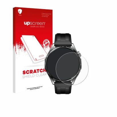Face avant d’un emballage produit avec le logo de la marque upscreen. À côté, l’appareil Huawei Watch GT 6 (46 mm) est représe