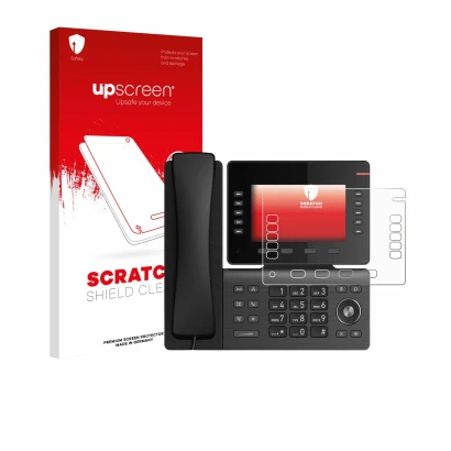 Face avant d’un emballage produit avec le logo de la marque upscreen. À côté, l’appareil Snom D865 est représenté avec la prot