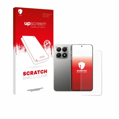 Face avant d’un emballage produit avec le logo de la marque upscreen. À côté, l’appareil Xiaomi 15T (Avant+Caméra) est représe