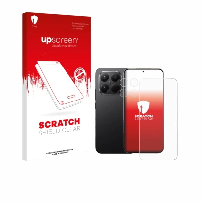 Face avant d’un emballage produit avec le logo de la marque upscreen. À côté, l’appareil Xiaomi 15T Pro (Avant+Caméra) est rep