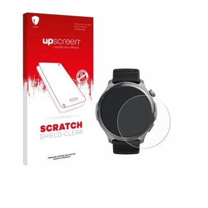 Face avant d’un emballage produit avec le logo de la marque upscreen. À côté, l’appareil Huami Amazfit Balance 2 XT est représ