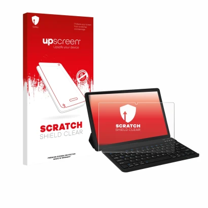 Face avant d’un emballage produit avec le logo de la marque upscreen. À côté, l’appareil Laptok LAPA7LBK 11" est représenté av