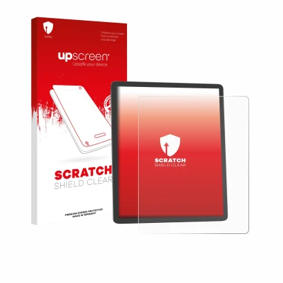 Face avant d’un emballage produit avec le logo de la marque upscreen. À côté, l’appareil Amazon Kindle Scribe 2025 est représe