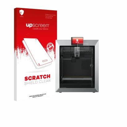 Face avant d’un emballage produit avec le logo de la marque upscreen. À côté, l’appareil Qidi Tech Q2 est représenté avec la p