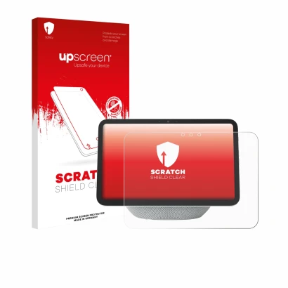 Face avant d’un emballage produit avec le logo de la marque upscreen. À côté, l’appareil Amazon Echo Show 8 2025 (4ème Gen.) e
