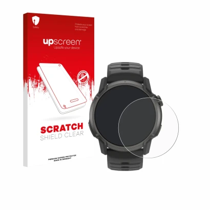 Face avant d’un emballage produit avec le logo de la marque upscreen. À côté, l’appareil Coros Apex 4 (42 mm) est représenté a