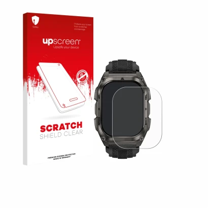 Face avant d’un emballage produit avec le logo de la marque upscreen. À côté, l’appareil Kospet Tank M4 est représenté avec la