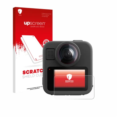 Face avant d’un emballage produit avec le logo de la marque upscreen. À côté, l’appareil GoPro Max 2 est représenté avec la pr