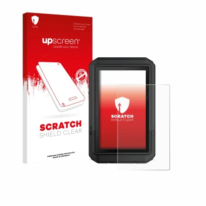 Face avant d’un emballage produit avec le logo de la marque upscreen. À côté, l’appareil Garmin eTrex Touch 2025 est représent