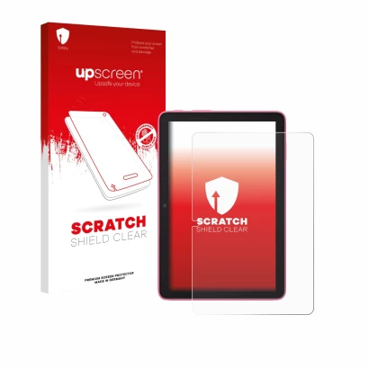 Face avant d’un emballage produit avec le logo de la marque upscreen. À côté, l’appareil Amazon Fire HD 8 2024 est représenté