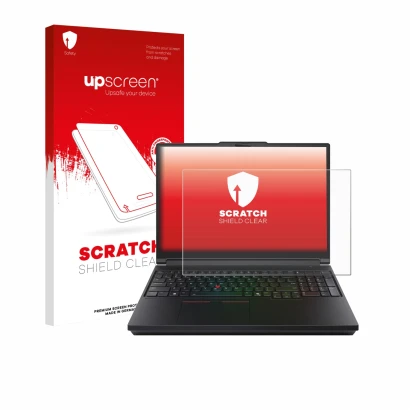 Face avant d’un emballage produit avec le logo de la marque upscreen. À côté, l’appareil Lenovo ThinkPad P16 Gen 3 est représe