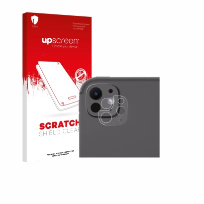 Face avant d’un emballage produit avec le logo de la marque upscreen. À côté, l’appareil Apple iPad Pro 11" 2025 (Caméra UNIQU