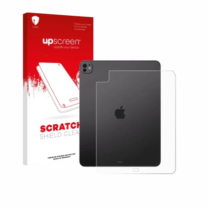 Face avant d’un emballage produit avec le logo de la marque upscreen. À côté, l’appareil Apple iPad Pro 13" 2025 (Arrière) est
