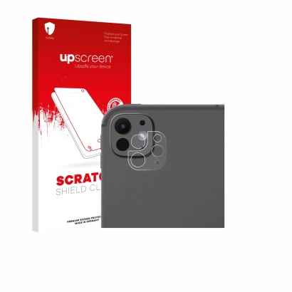 Face avant d’un emballage produit avec le logo de la marque upscreen. À côté, l’appareil Apple iPad Pro 13" 2025 (Caméra UNIQU