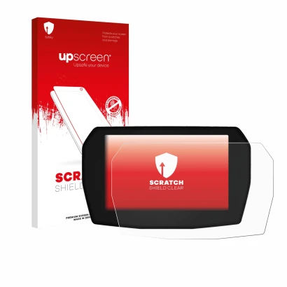 Face avant d’un emballage produit avec le logo de la marque upscreen. À côté, l’appareil Ducati Multistrada V2 2025 est représ