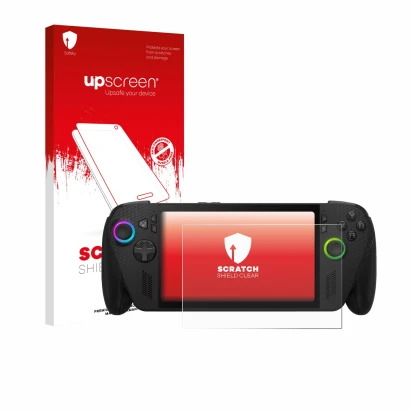 Face avant d’un emballage produit avec le logo de la marque upscreen. À côté, l’appareil ASUS ROG Xbox Ally X est représenté a