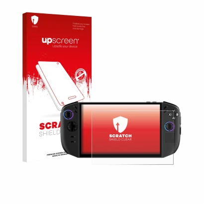 Face avant d’un emballage produit avec le logo de la marque upscreen. À côté, l’appareil Lenovo Legion Go Gen 2 est représenté