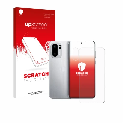 Face avant d’un emballage produit avec le logo de la marque upscreen. À côté, l’appareil OnePlus Ace 6 (Avant+Caméra) est repr