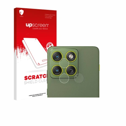 Face avant d’un emballage produit avec le logo de la marque upscreen. À côté, l’appareil Motorola Edge 70 (Caméra UNIQUEMENT)