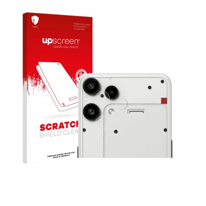 Face avant d’un emballage produit avec le logo de la marque upscreen. À côté, l’appareil Nothing Phone (3a) Lite (Caméra UNIQU