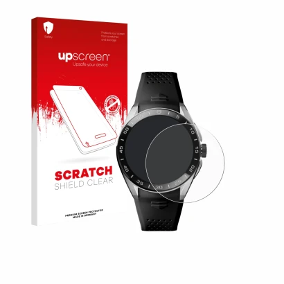 Face avant d’un emballage produit avec le logo de la marque upscreen. À côté, l’appareil TAG Heuer Connected Calibre E5 (45 mm