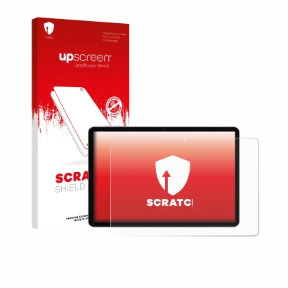 Face avant d’un emballage produit avec le logo de la marque upscreen. À côté, l’appareil Pritom M10 TAB 10 PLUS 10.1