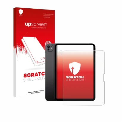 Face avant d’un emballage produit avec le logo de la marque upscreen. À côté, l’appareil Apple iPad Pro 13" 2025 (Avant+Caméra